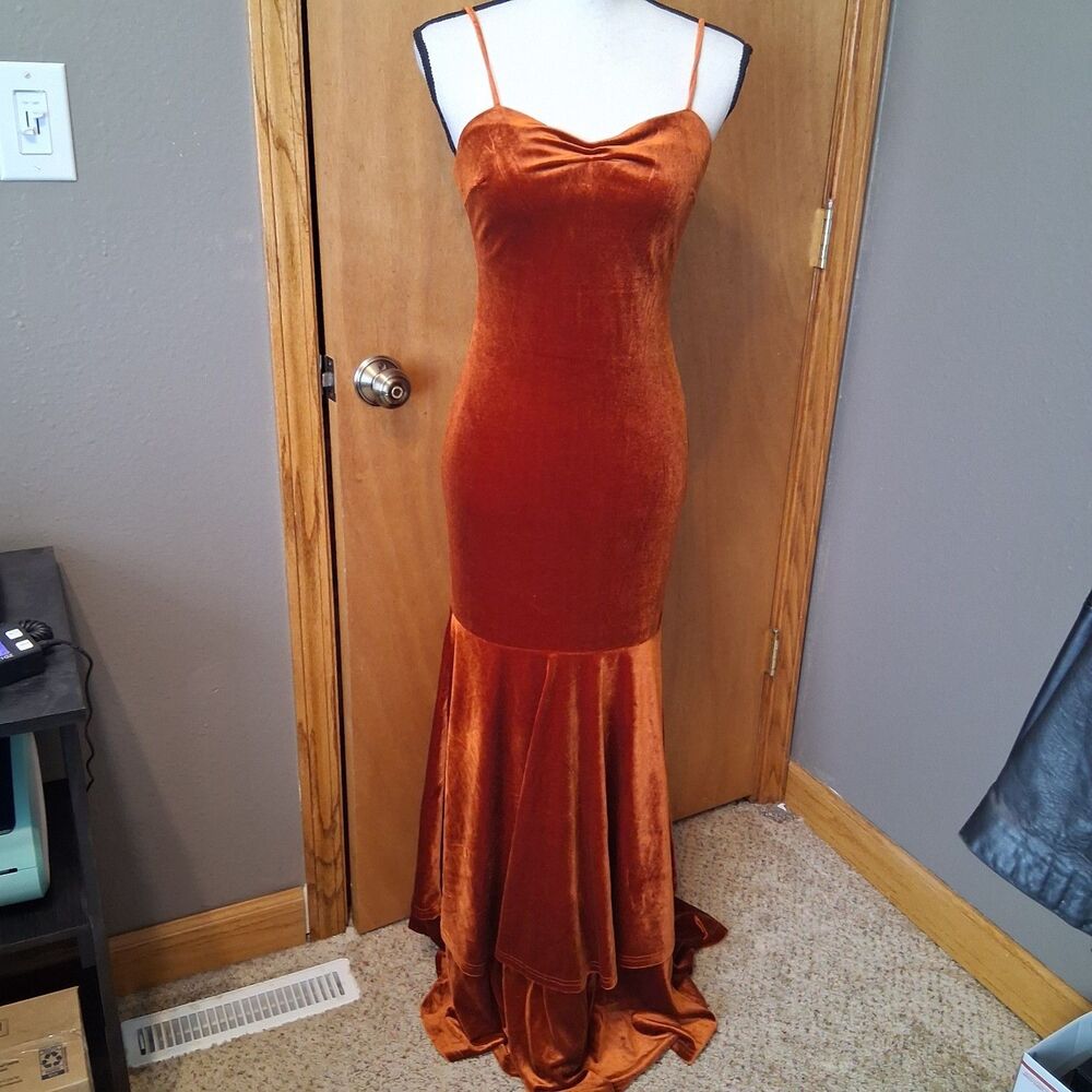 Unbranded S Gown Velvet Floor Length Burnt Orange Mermaid Formal Event Holiday